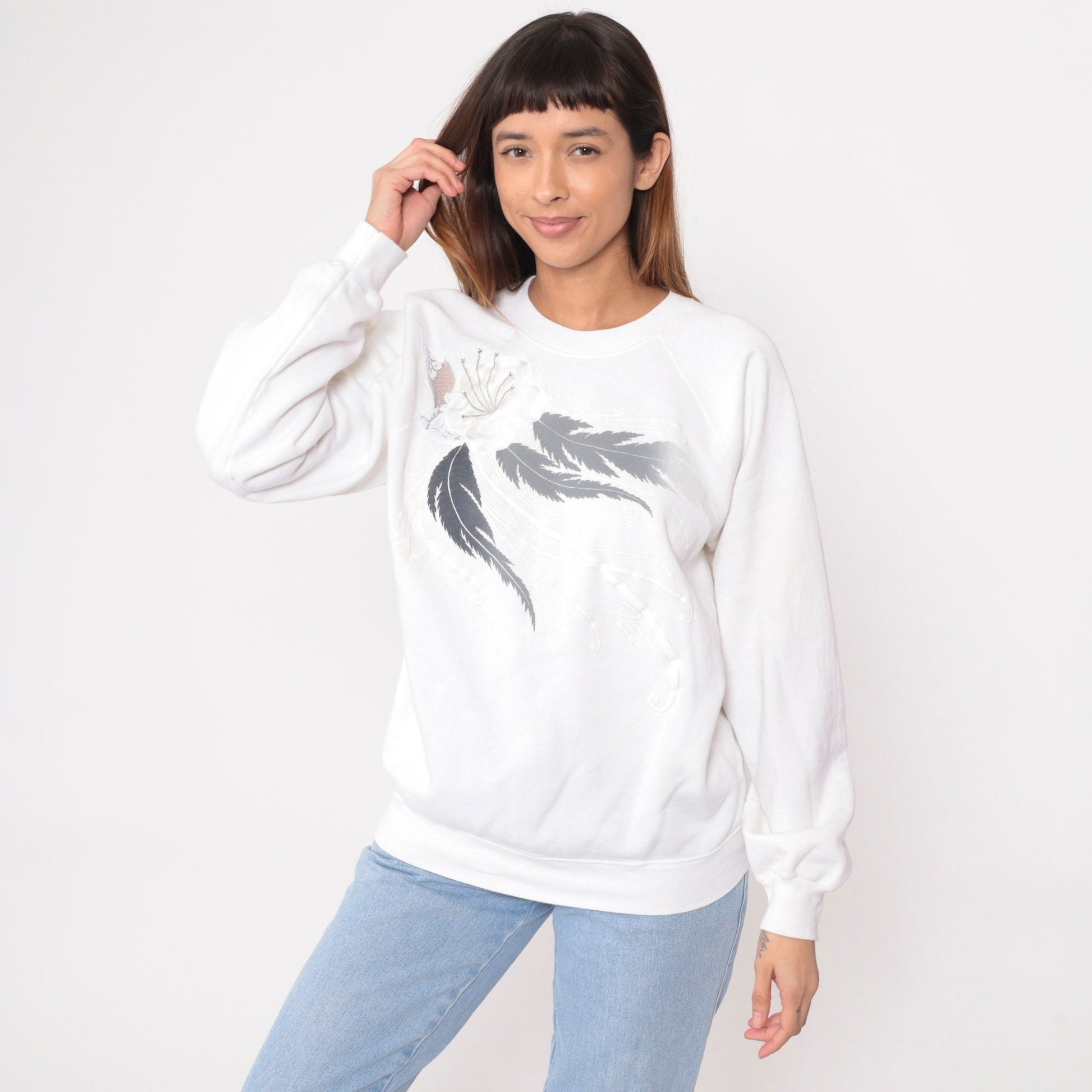 90s Rhinestone Floral White Sweatshirt Mesh Lace Crewneck Raglan Large L