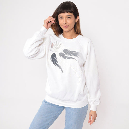 90s Rhinestone Floral White Sweatshirt Mesh Lace Crewneck Raglan Large L