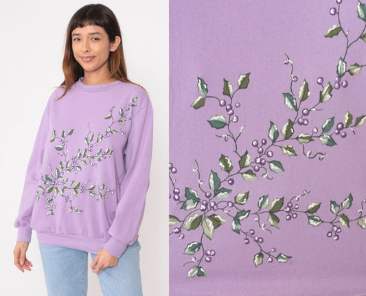90s Lavender Sweatshirt Botanical Berry Leaf Graphic Crewneck Pullover Large L