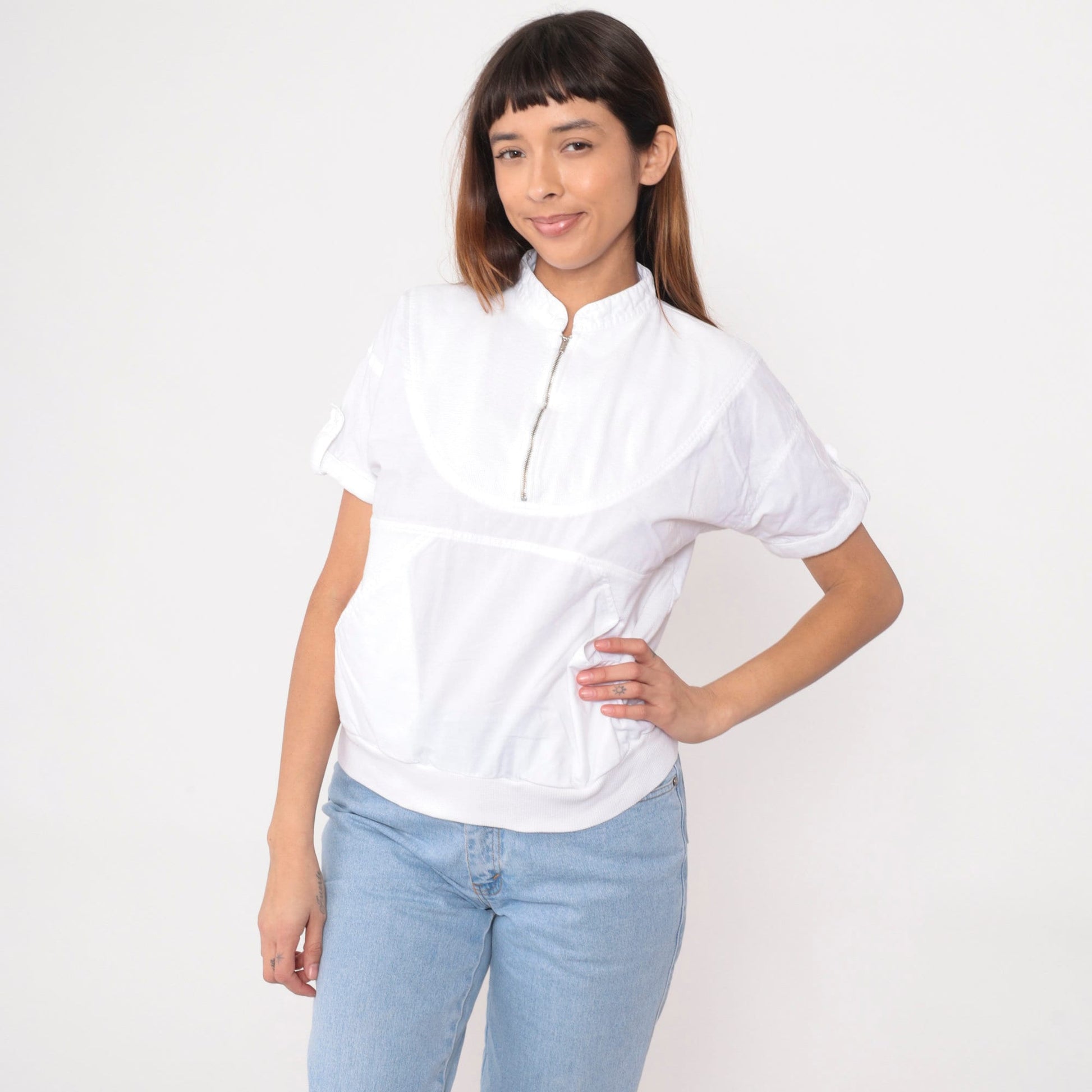 90s Radius Quarter Zip White Cotton Shirt Kangaroo Pocket Small S