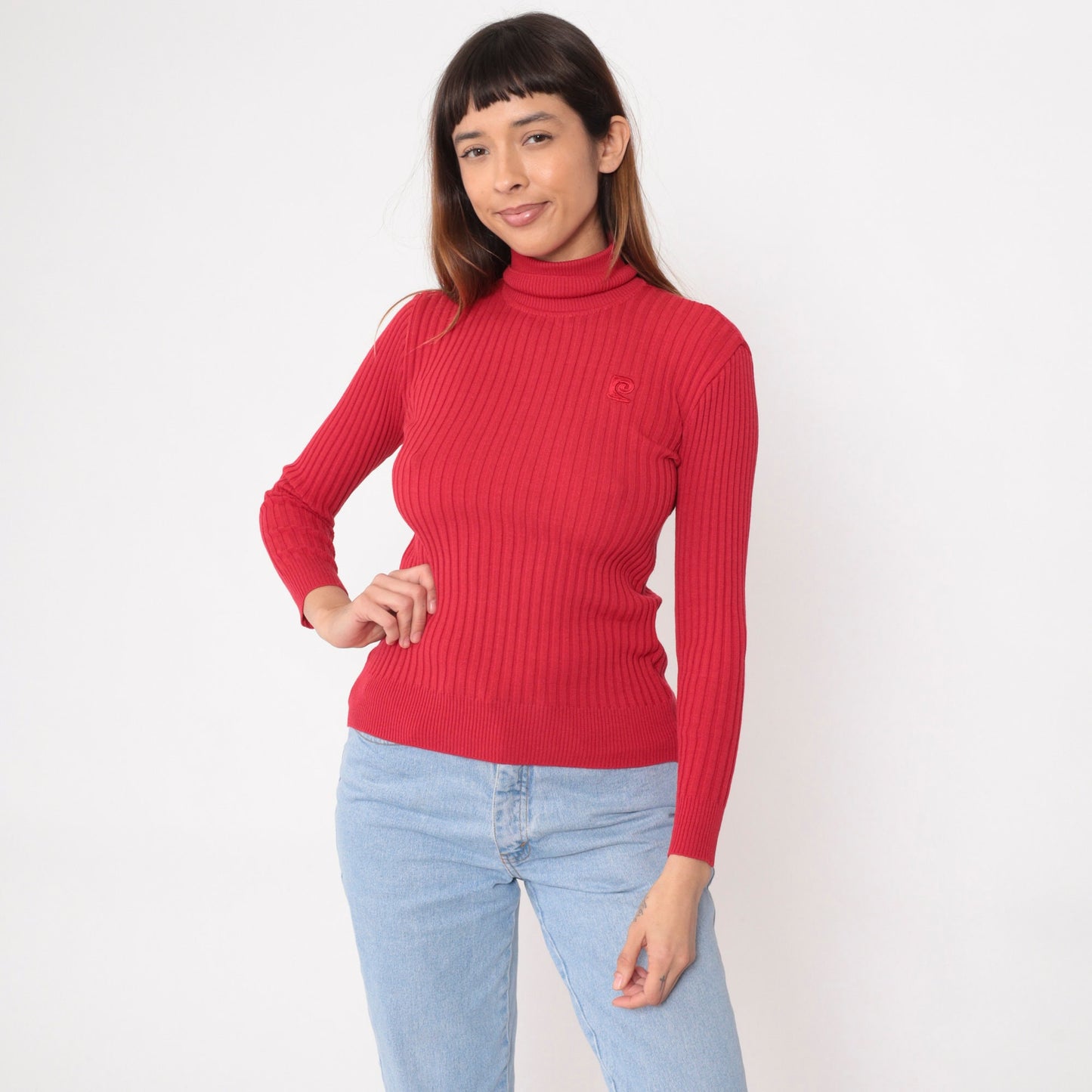 80s Pierre Cardin Red Turtleneck Sweater Ribbed Knit Pullover Small S