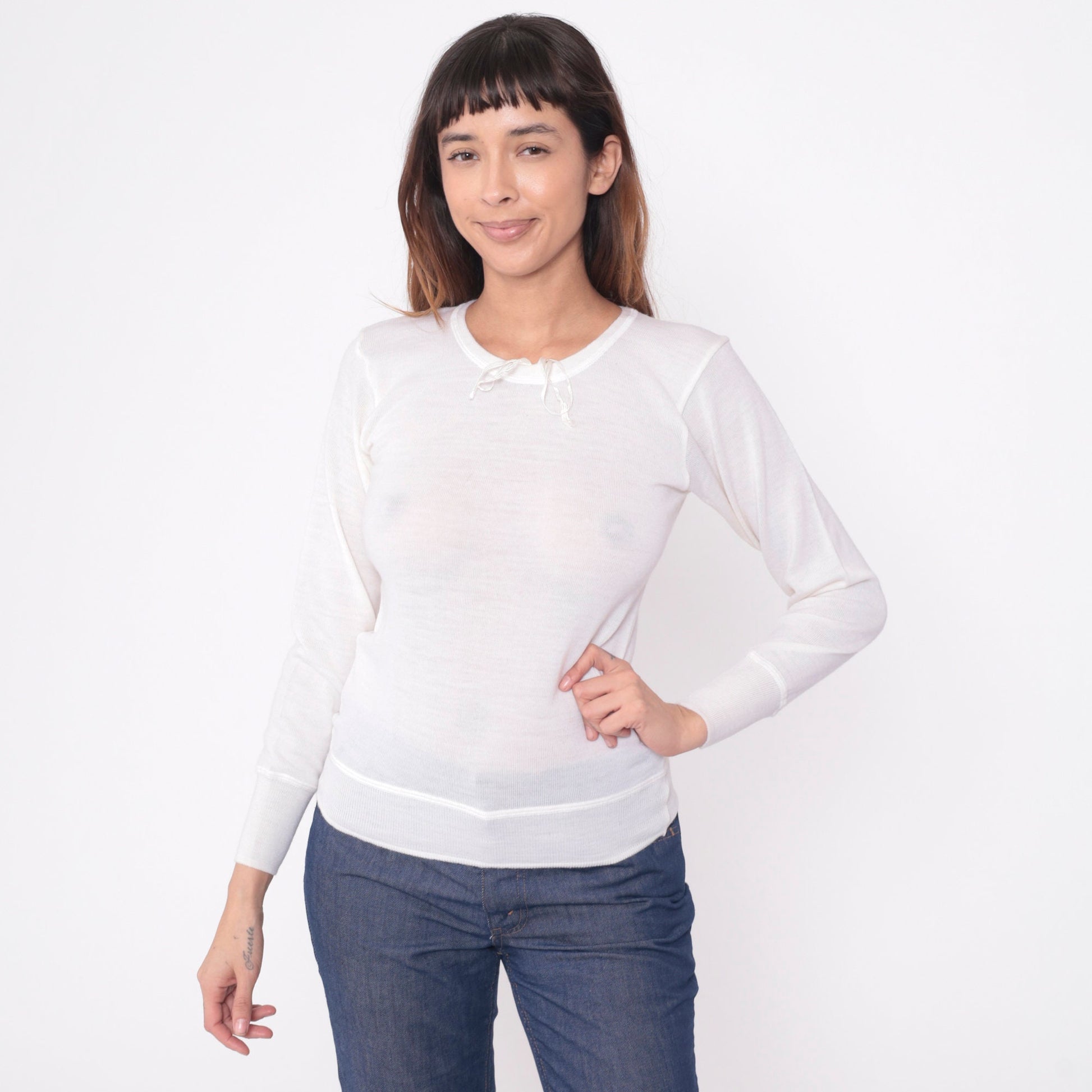 80s White Wool Thermal Long Sleeve Pullover Shirt Snowflake Small