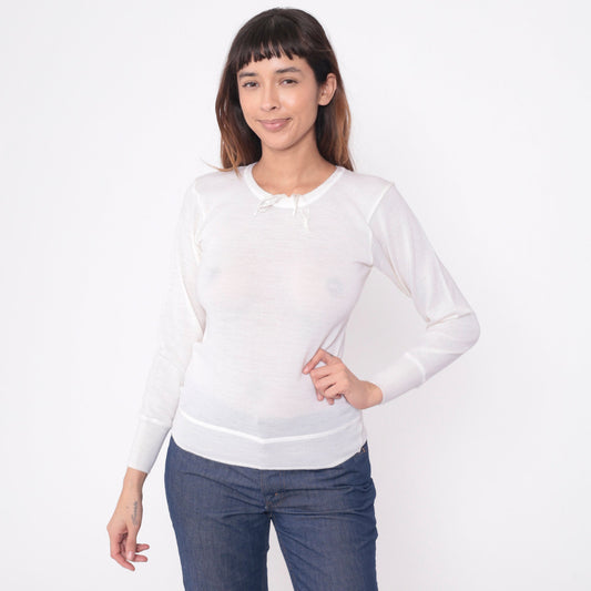 80s White Wool Thermal Long Sleeve Pullover Shirt Snowflake Small