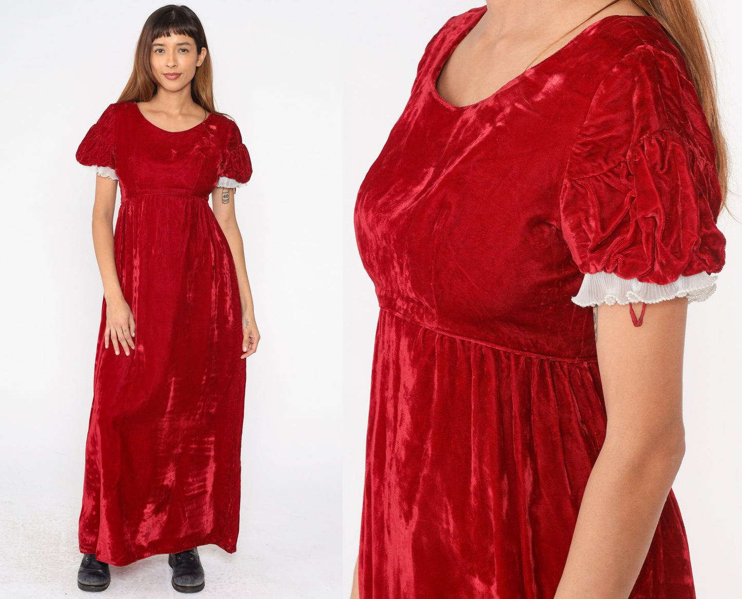 70s Emma Domb Red Velvet Maxi Dress Puff Sleeve Empire Waist Small S