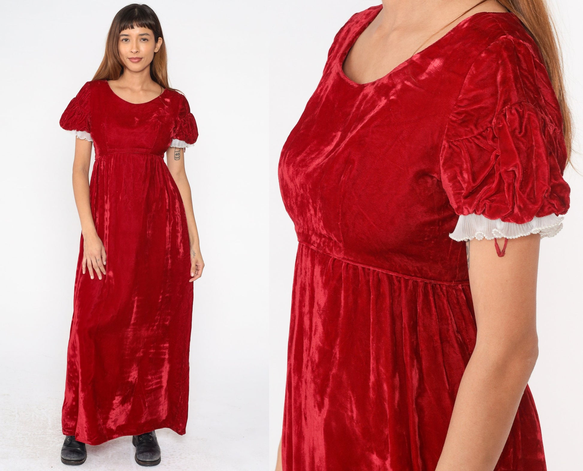 70s Emma Domb Red Velvet Maxi Dress Puff Sleeve Empire Waist Small S