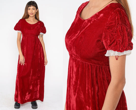 70s Emma Domb Red Velvet Maxi Dress Puff Sleeve Empire Waist Small S