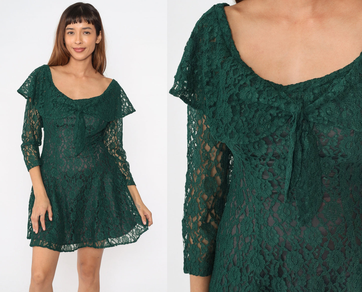 90s Green Lace Mini Dress Flounce Tie Neckline Long Sheer Sleeves Small