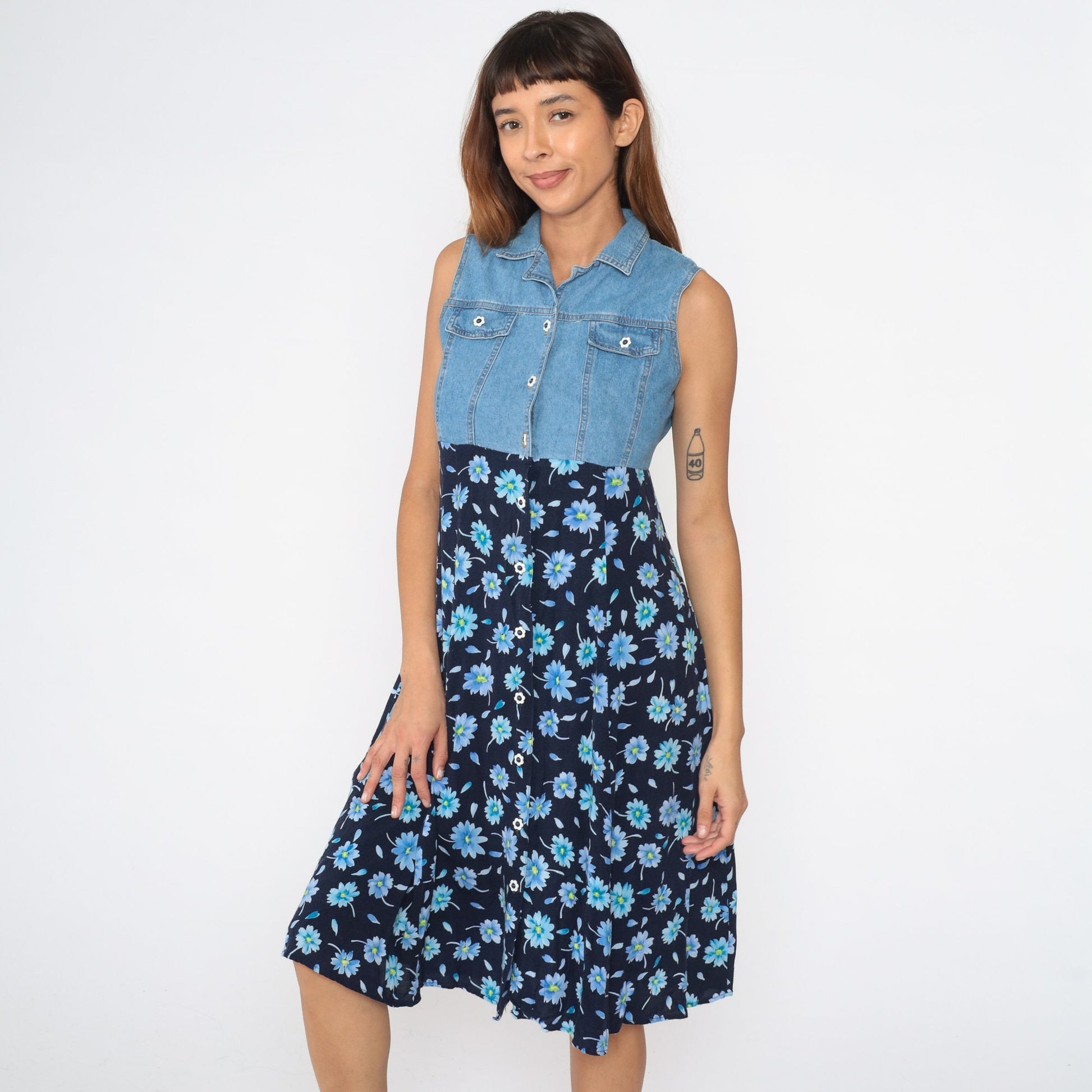 90s Floral Denim Midi Dress Button Up Empire Waist Blue Rayon Extra Small