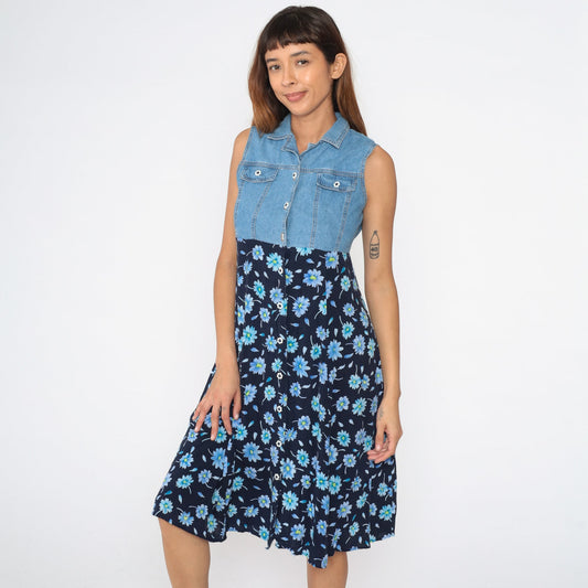 90s Floral Denim Midi Dress Button Up Empire Waist Blue Rayon Extra Small