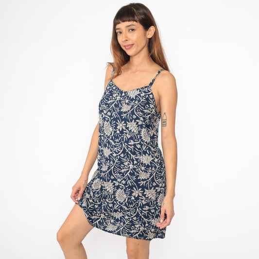 90s No Boundaries Blue Floral Mini Dress Spaghetti Strap Rayon Medium