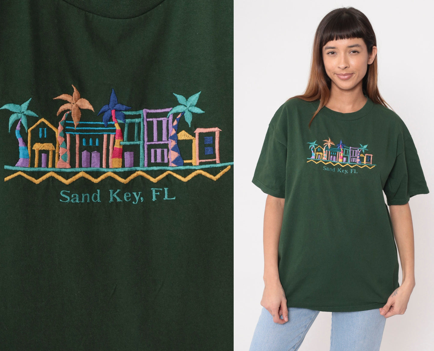 00s Sand Key Florida Clearwater Embroidered Graphic Tee Green Cotton Large