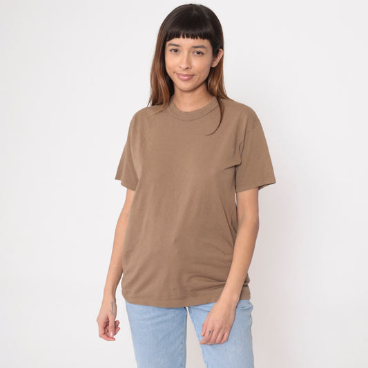 90s Plain Brown Cotton Crewneck T-Shirt Short Sleeve Medium