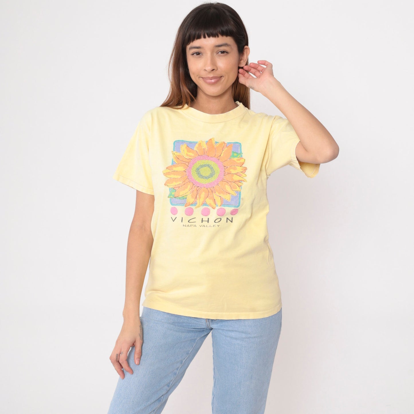 90s Vichon Napa Valley Winery Graphic Tee Yellow Sunflower Cotton Medium