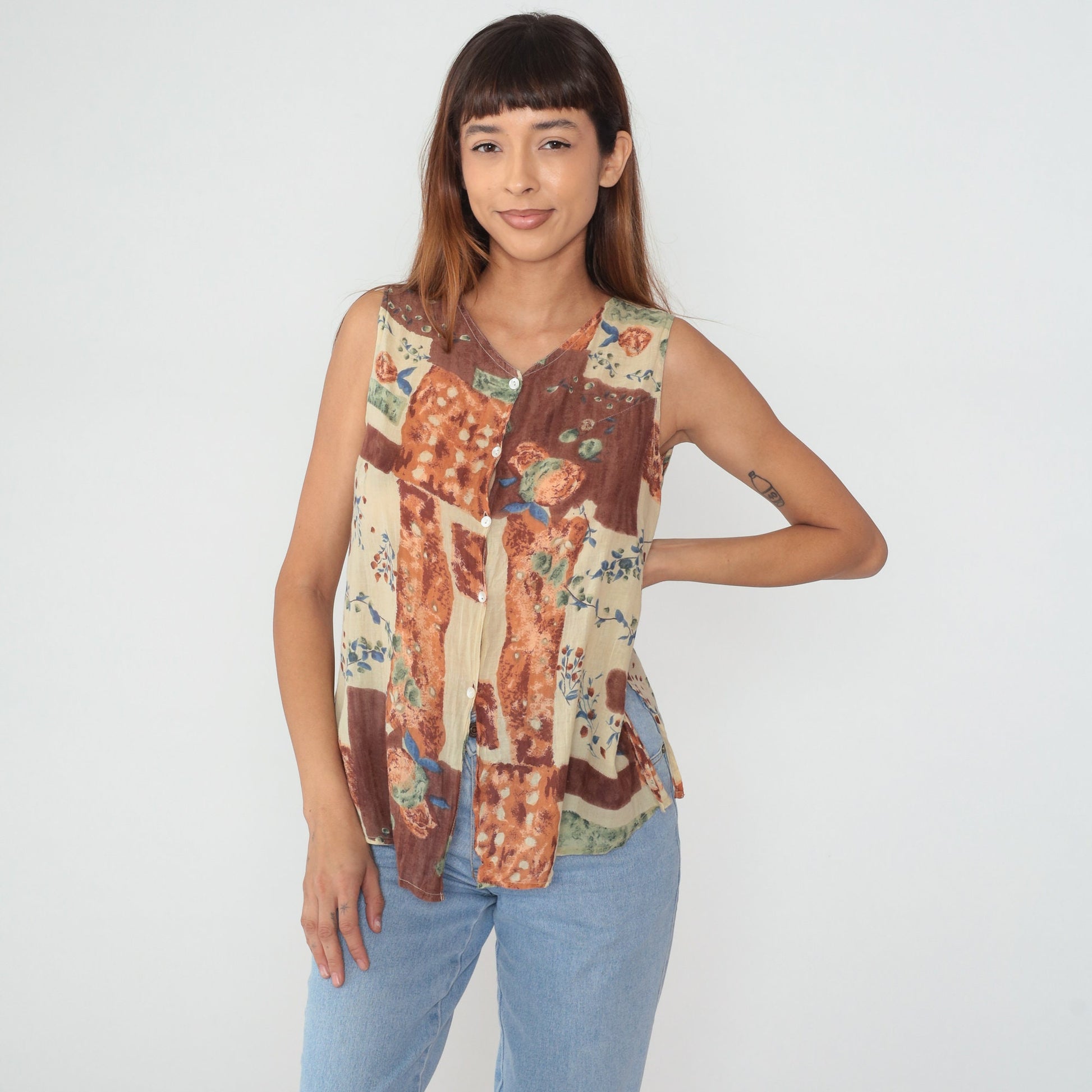 90s Patchwork Floral Button-Up Tank Top Brown Orange Green Small S