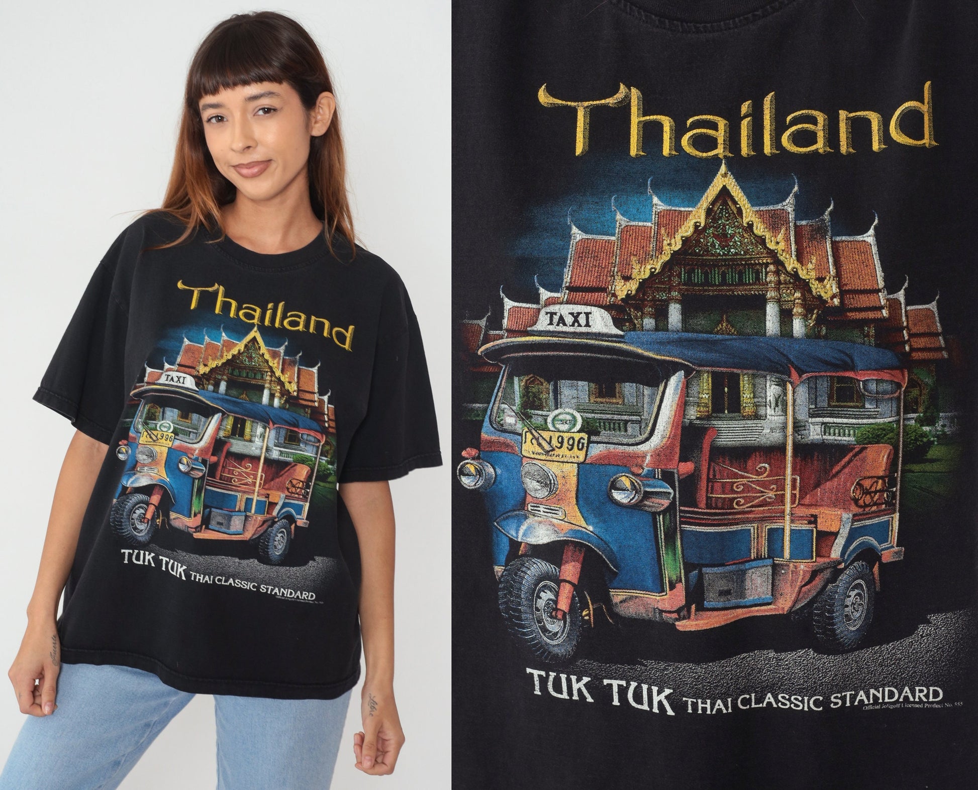 90s Thailand Tuk Tuk Graphic T-Shirt Black Cotton Tourist Souvenir Large L