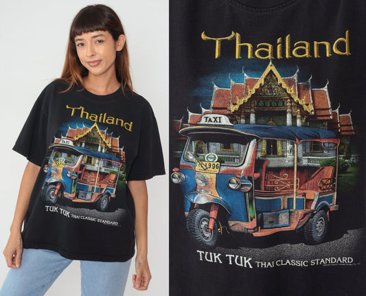 90s Thailand Tuk Tuk Graphic T-Shirt Black Cotton Tourist Souvenir Large L