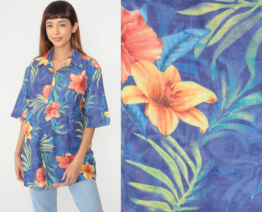 90s Georg Roth Hawaiian Shirt Blue Tropical Floral Button Up Extra Large
