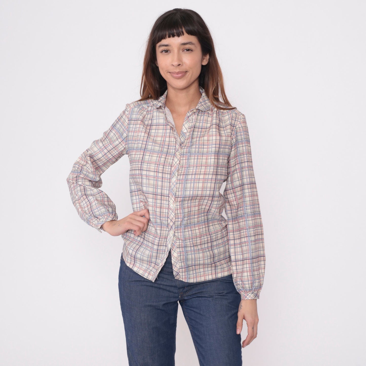 80s Plaid Button-Up Blouse Cream Lavender Pink Checkered Long Sleeve Small