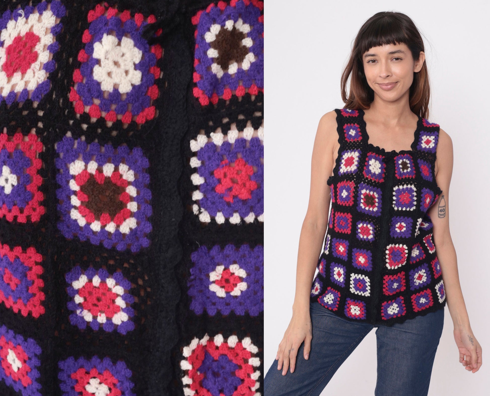 70s Crochet Granny Square Tank Top Patchwork Vest Black Pink Purple Small