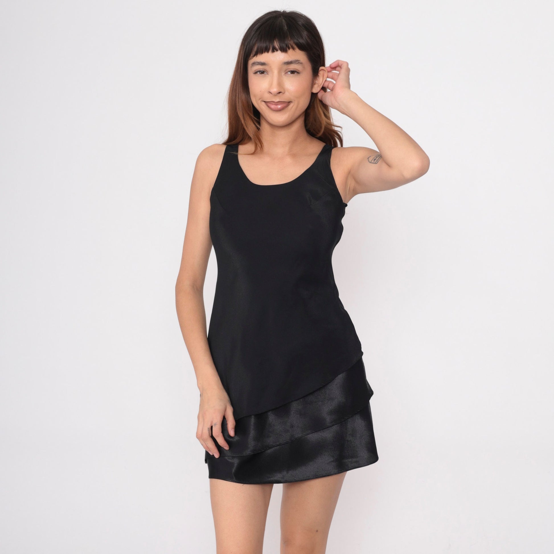 Y2K Black Mini Dress Tiered Flounce Satin Sheath Sleeveless Extra Small