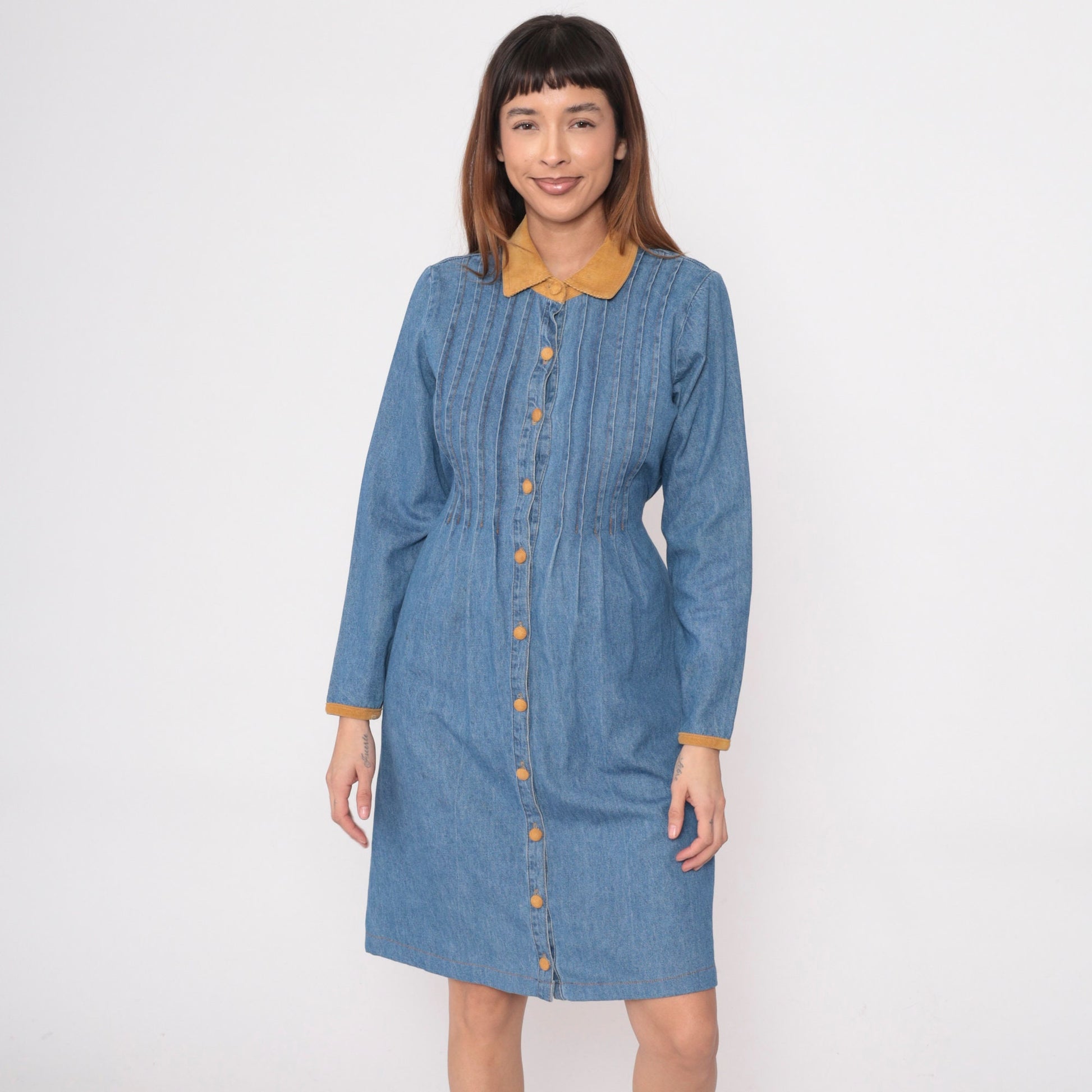90s Studio Ease Blue Denim Shirtdress Corduroy Collar Knee-Length Small 6