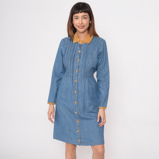 90s Studio Ease Blue Denim Shirtdress Corduroy Collar Knee-Length Small 6