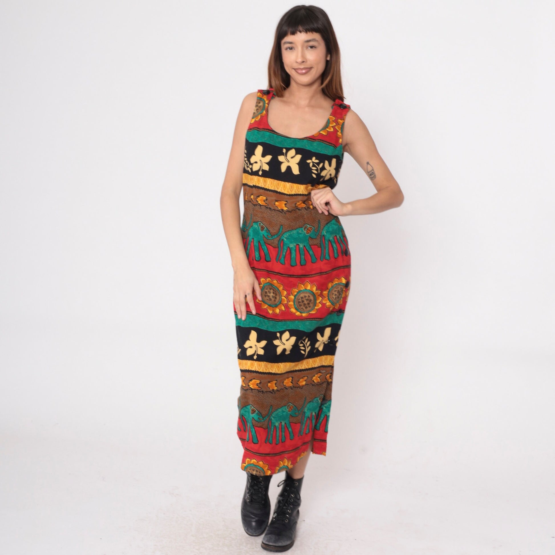 90s Tropical Elephant Sunflower Maxi Dress Striped Red Teal Sleeveless Medium