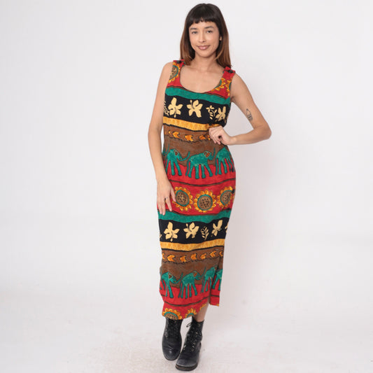 90s Tropical Elephant Sunflower Maxi Dress Striped Red Teal Sleeveless Medium