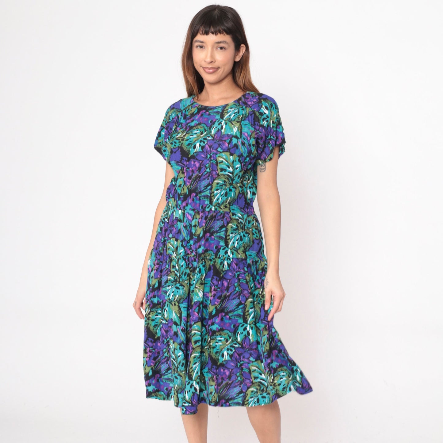 90s Tropical Floral Midi Dress Purple Teal Short Sleeve High Waist Large 12