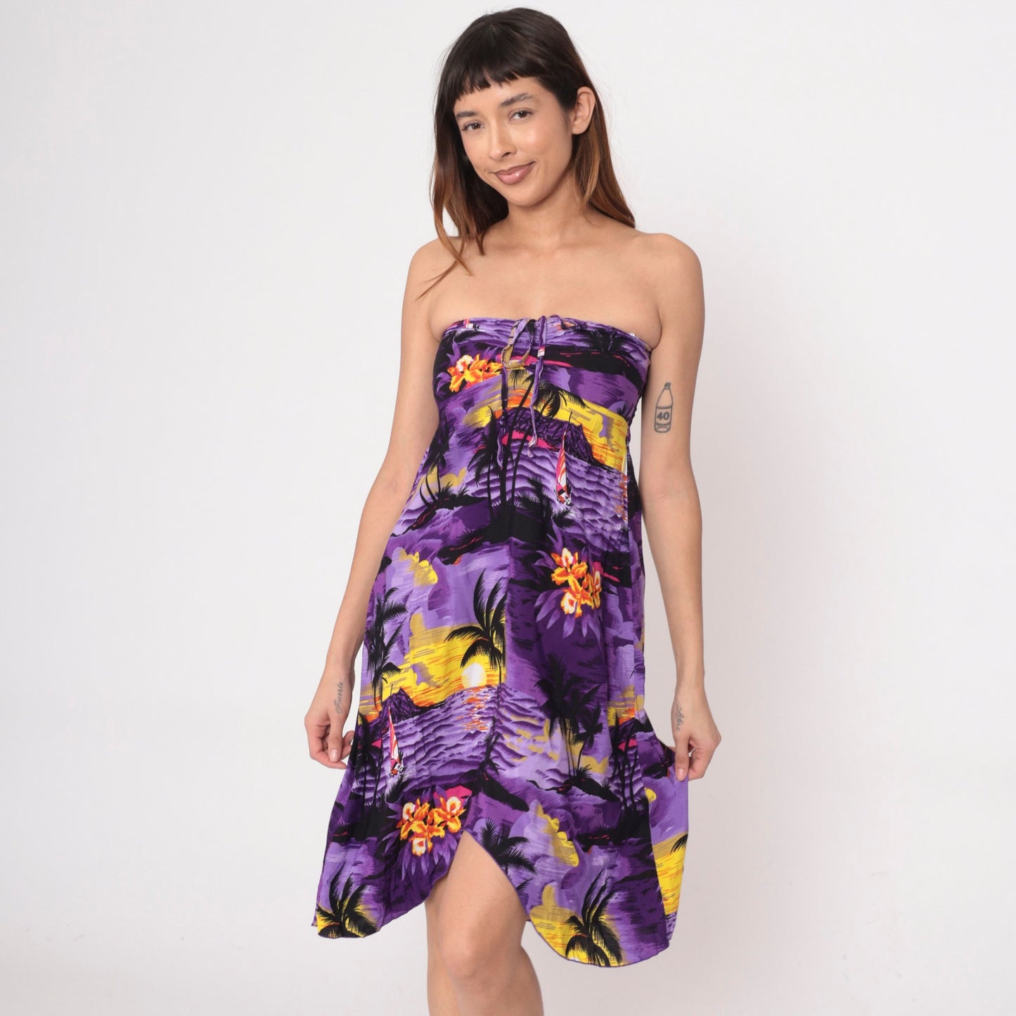 00s Purple Strapless Sundress Sailboat Palm Tree Print Empire Waist High Low Extra Small