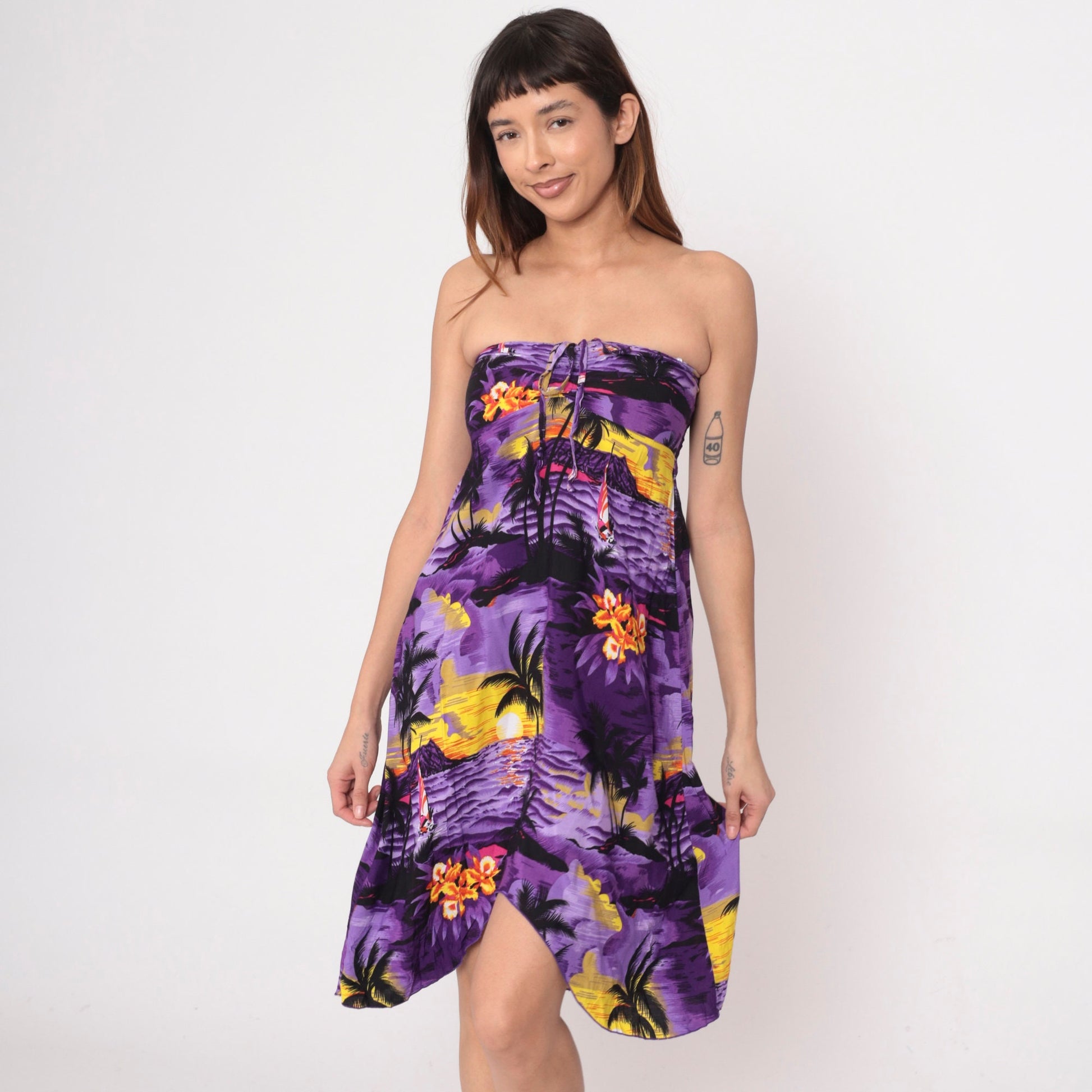 00s Purple Strapless Sundress Sailboat Palm Tree Print Empire Waist High Low Extra Small