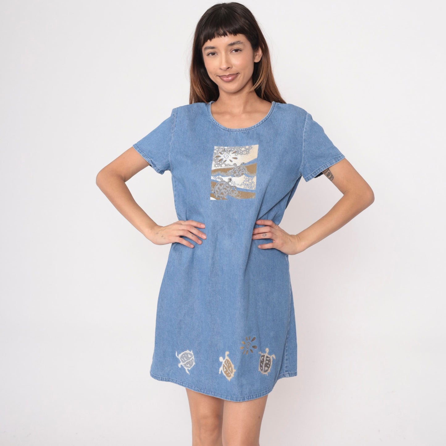 90s Sea Turtle Denim Mini Dress Blue Cotton Shift Short Sleeve Medium