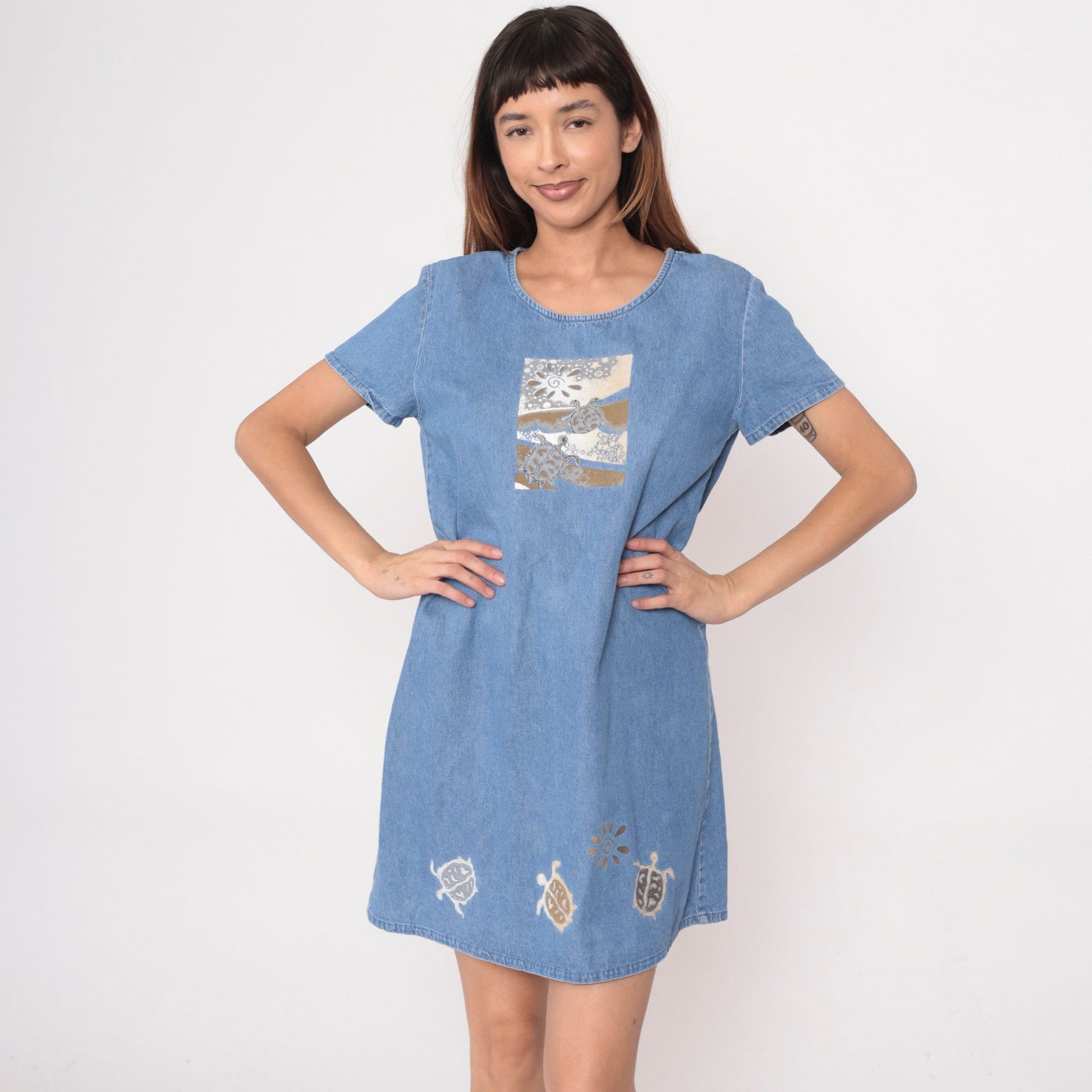 90s Sea Turtle Denim Mini Dress Blue Cotton Shift Short Sleeve Medium