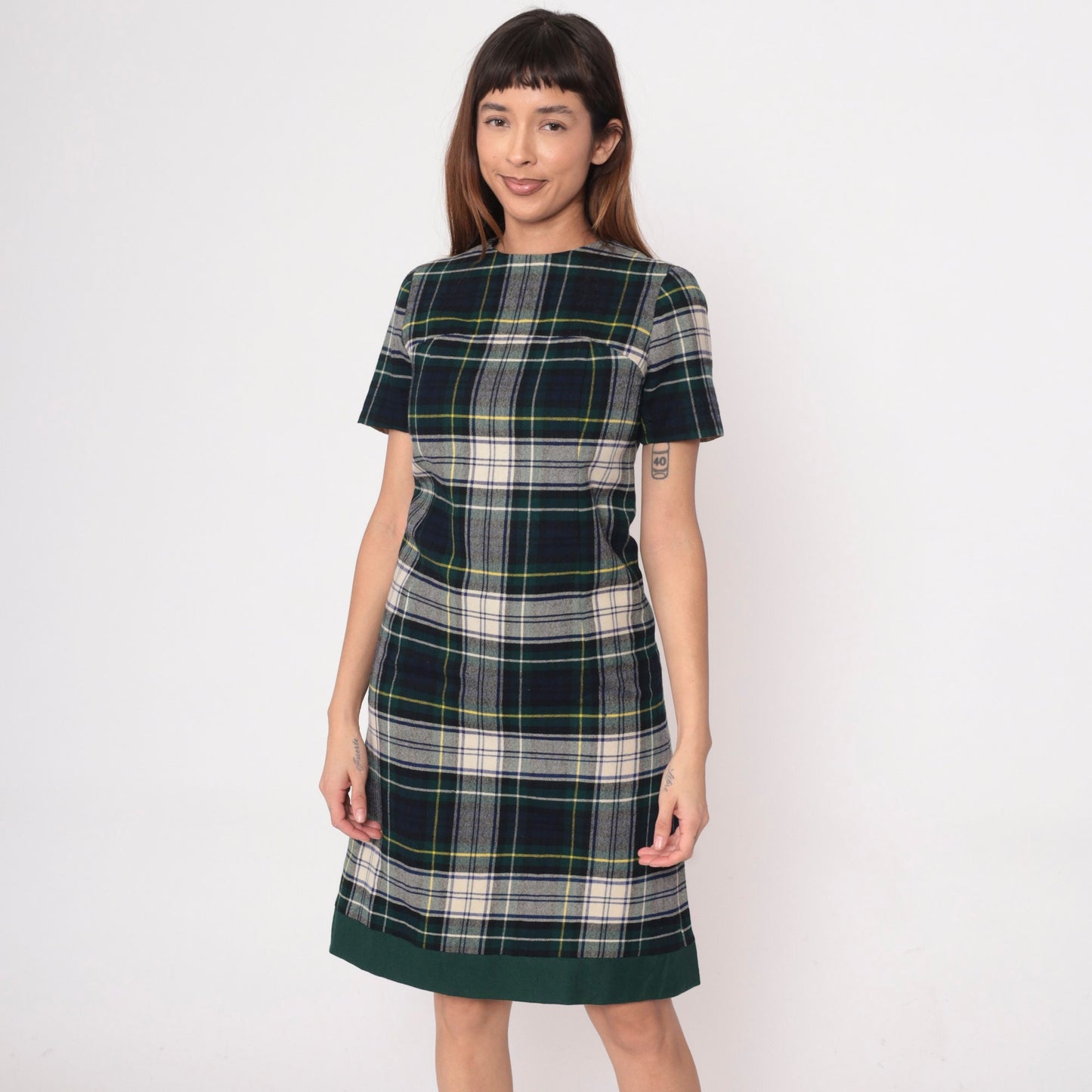 60s Vogue Couturier Plaid Wool Sheath Dress Blue Green Tartan Small