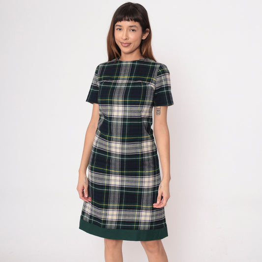 60s Vogue Couturier Plaid Wool Sheath Dress Blue Green Tartan Small
