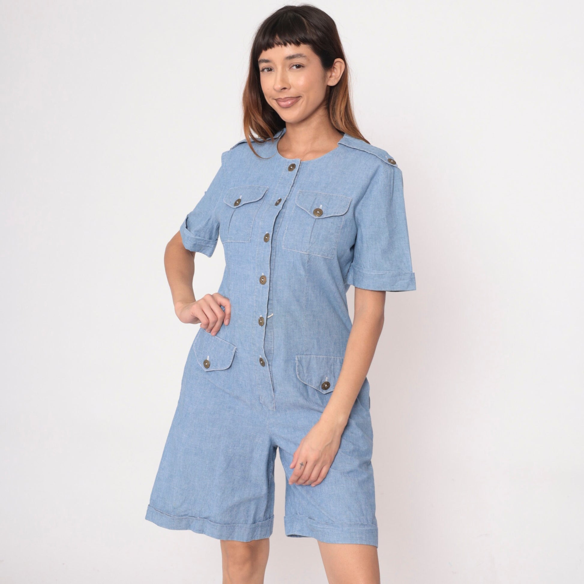 90s Leslie Fay Denim Romper Military Epaulette Chambray Playsuit Medium 8