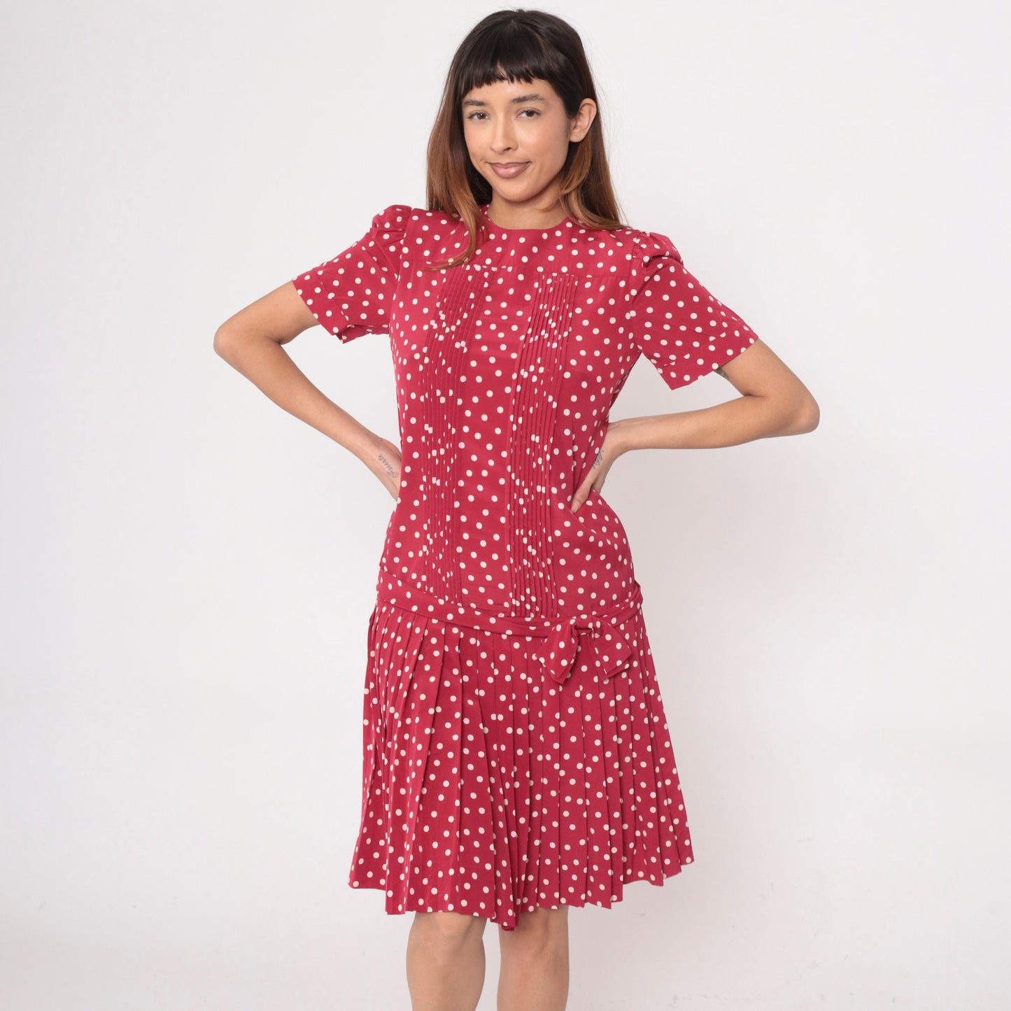 80s Albert Nipon Red Polka Dot Midi Dress Puff Sleeve Drop Waist Small