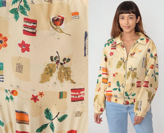 90s Wilson Silk Bomber Jacket Beige Floral Watercolor Print Medium M