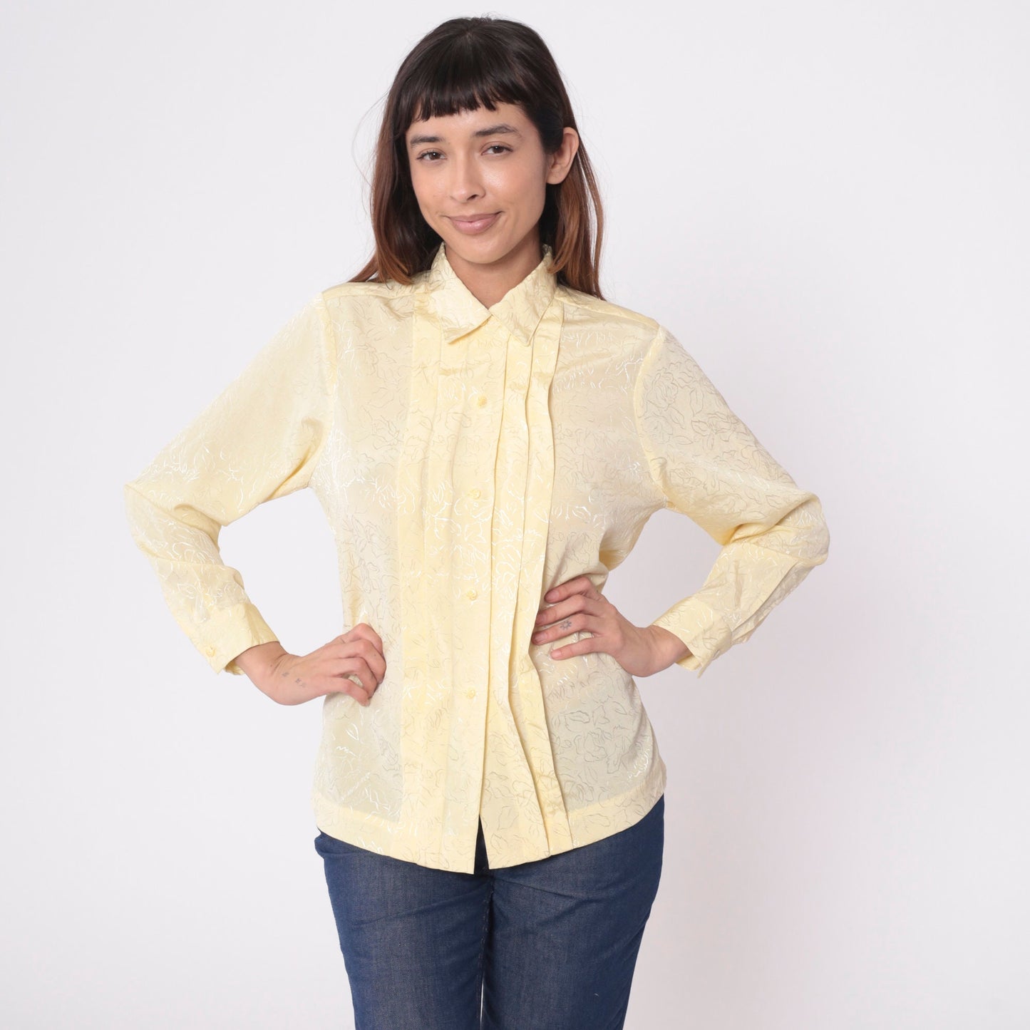 80s Yellow Floral Embossed Button-Up Blouse Long Sleeve Pleated Shirt Medium
