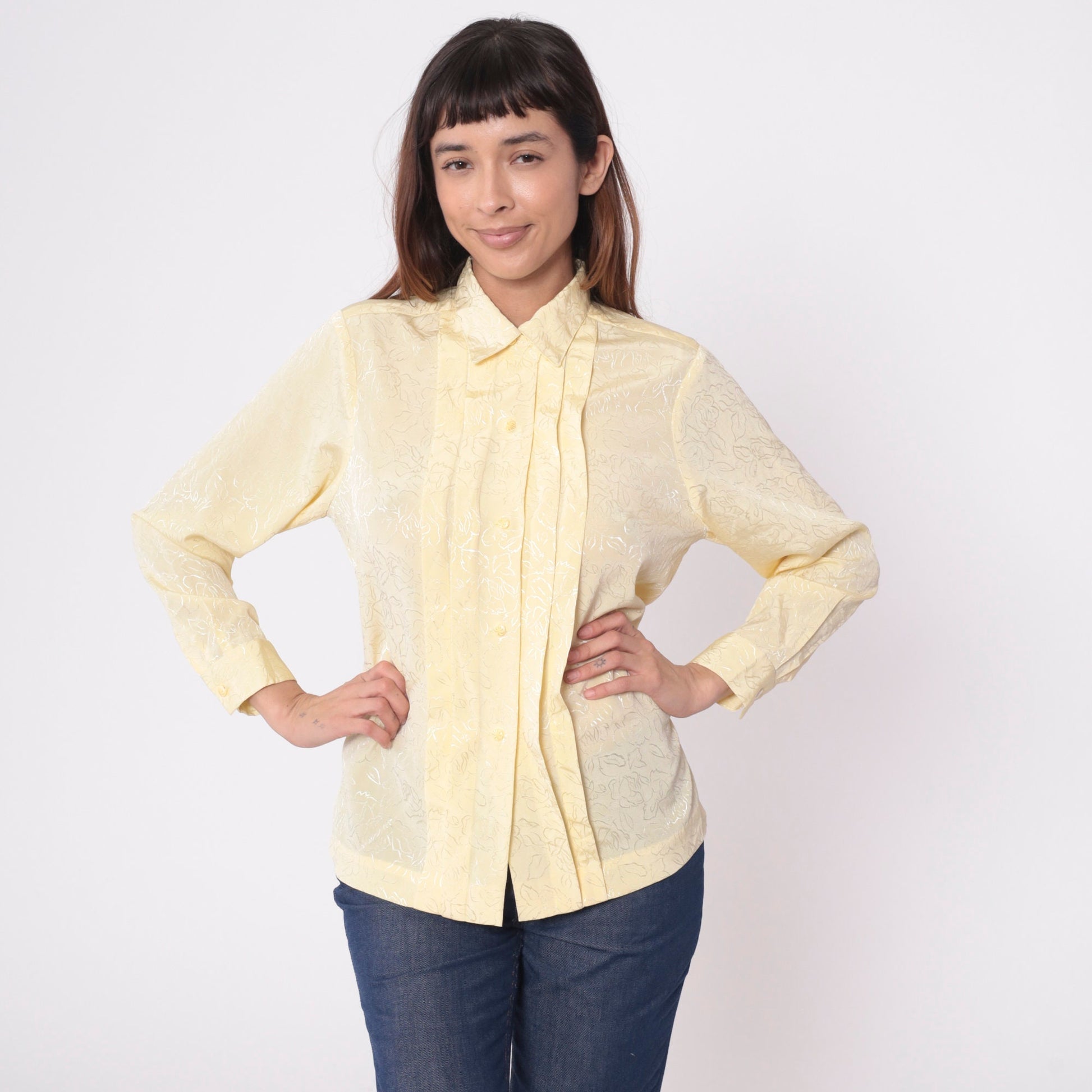 80s Yellow Floral Embossed Button-Up Blouse Long Sleeve Pleated Shirt Medium