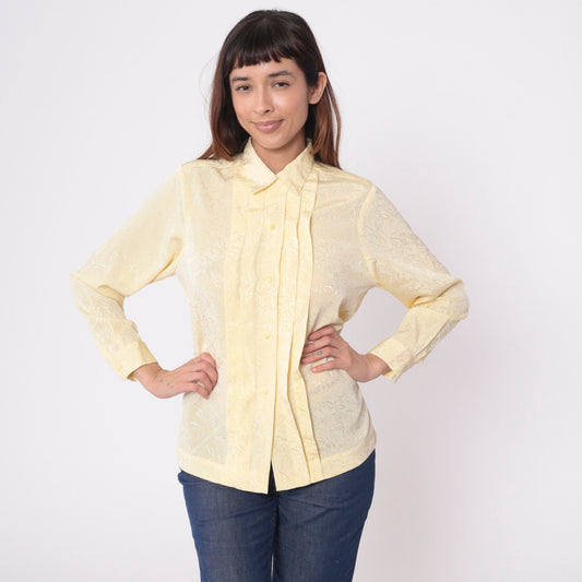 80s Yellow Floral Embossed Button-Up Blouse Long Sleeve Pleated Shirt Medium