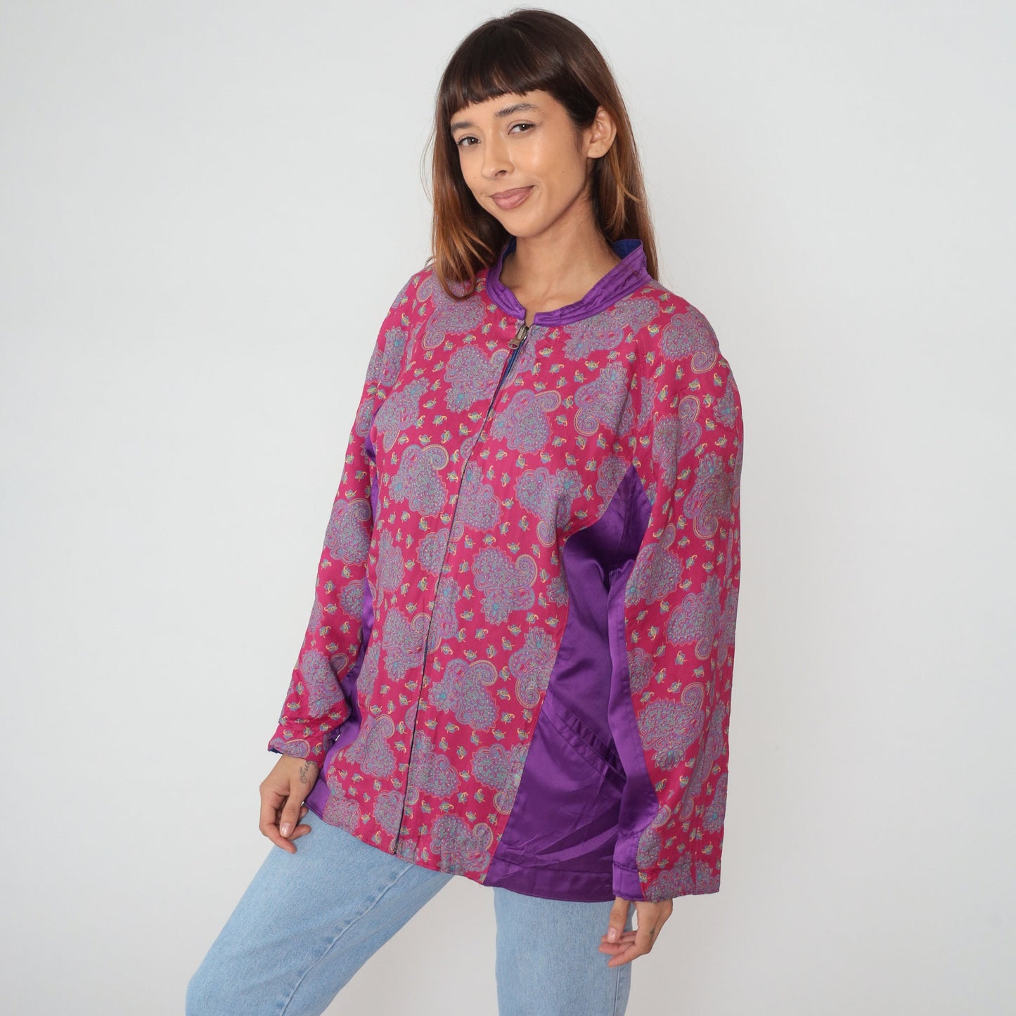 90s Paisley Silk Jacket Pink Purple Color Block Bomber Large L