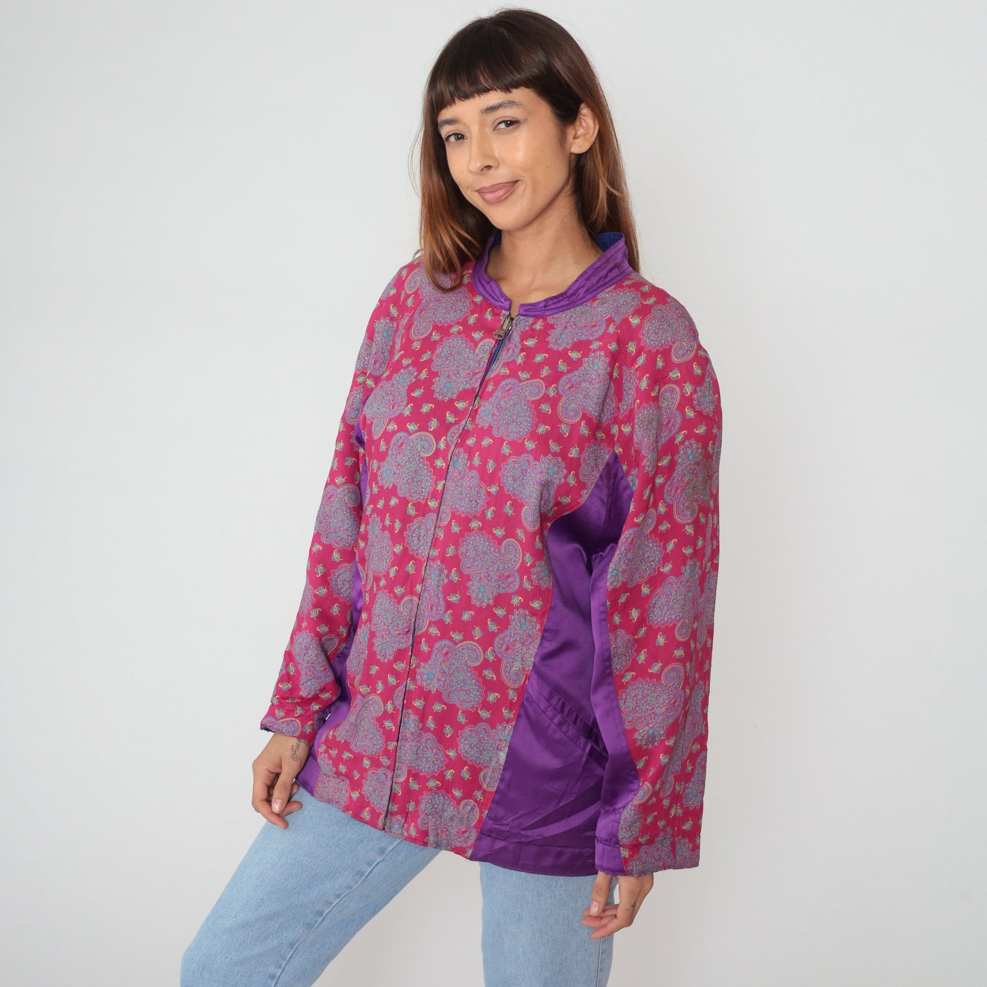 90s Paisley Silk Jacket Pink Purple Color Block Bomber Large L