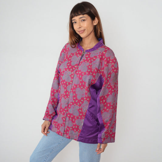 90s Paisley Silk Jacket Pink Purple Color Block Bomber Large L