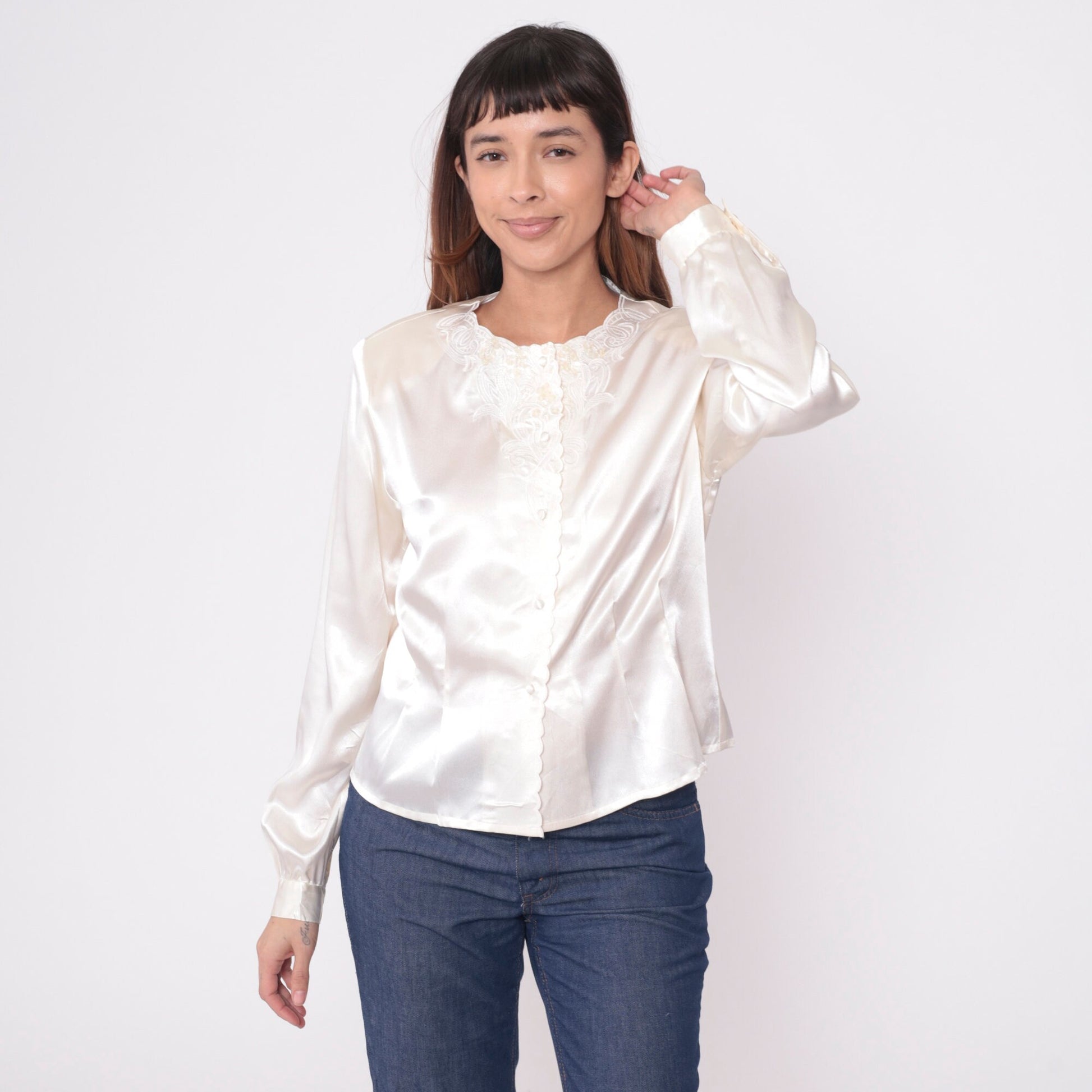 80s White Satin Blouse Embroidered Floral Beaded Sequin Long Sleeve Medium