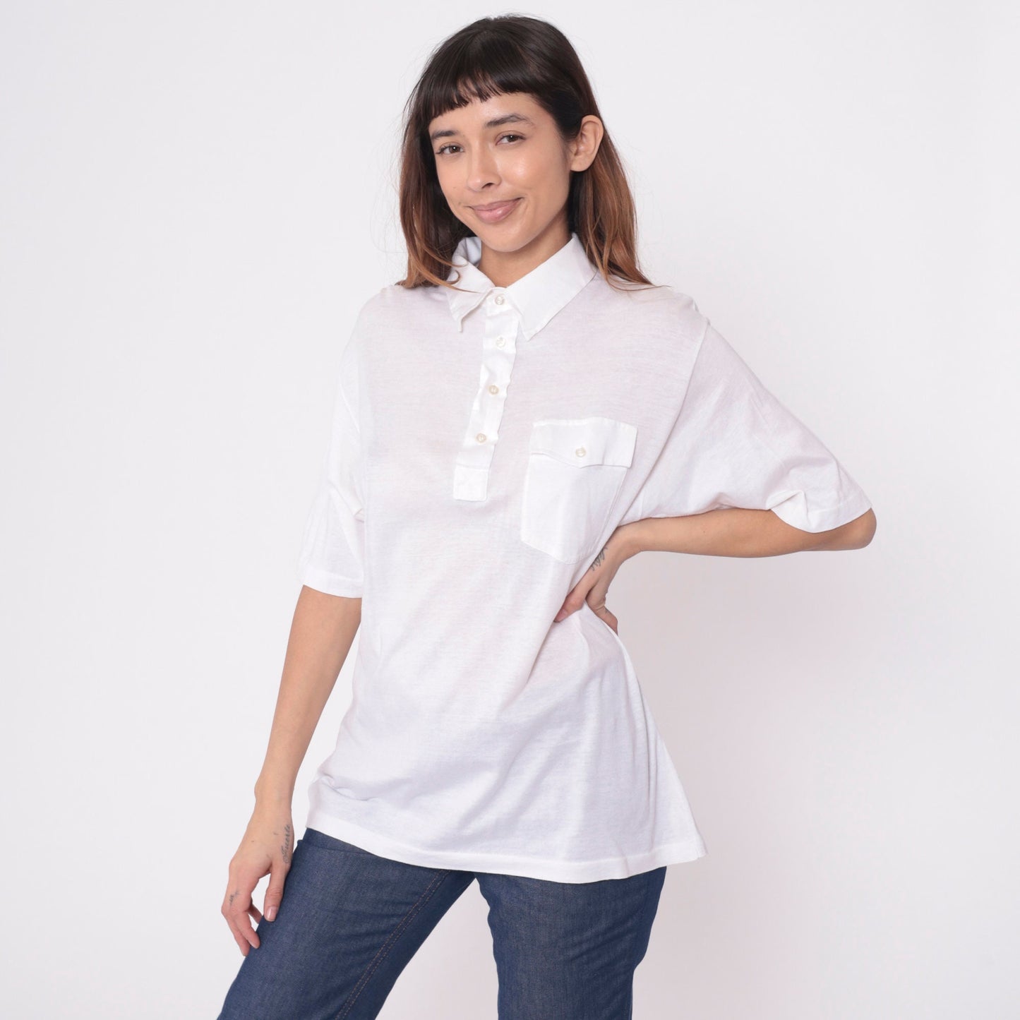 70s 80s Saks Fifth Avenue White Polo Shirt Semi-Sheer Cotton Button-Up Small