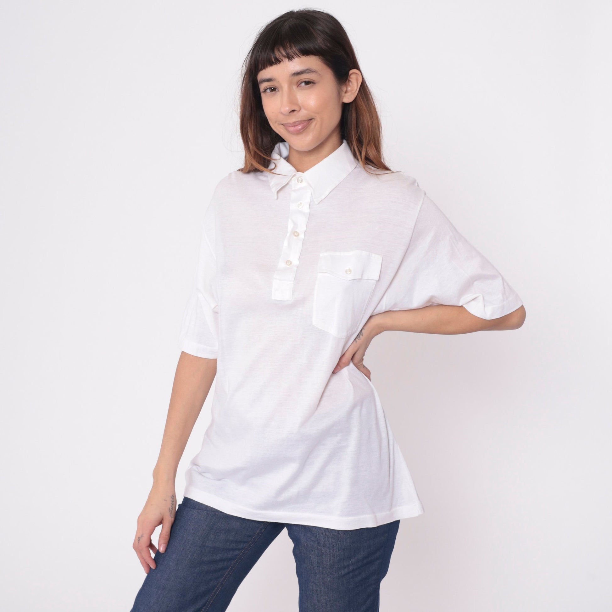 70s 80s Saks Fifth Avenue White Polo Shirt Semi-Sheer Cotton Button-Up Small