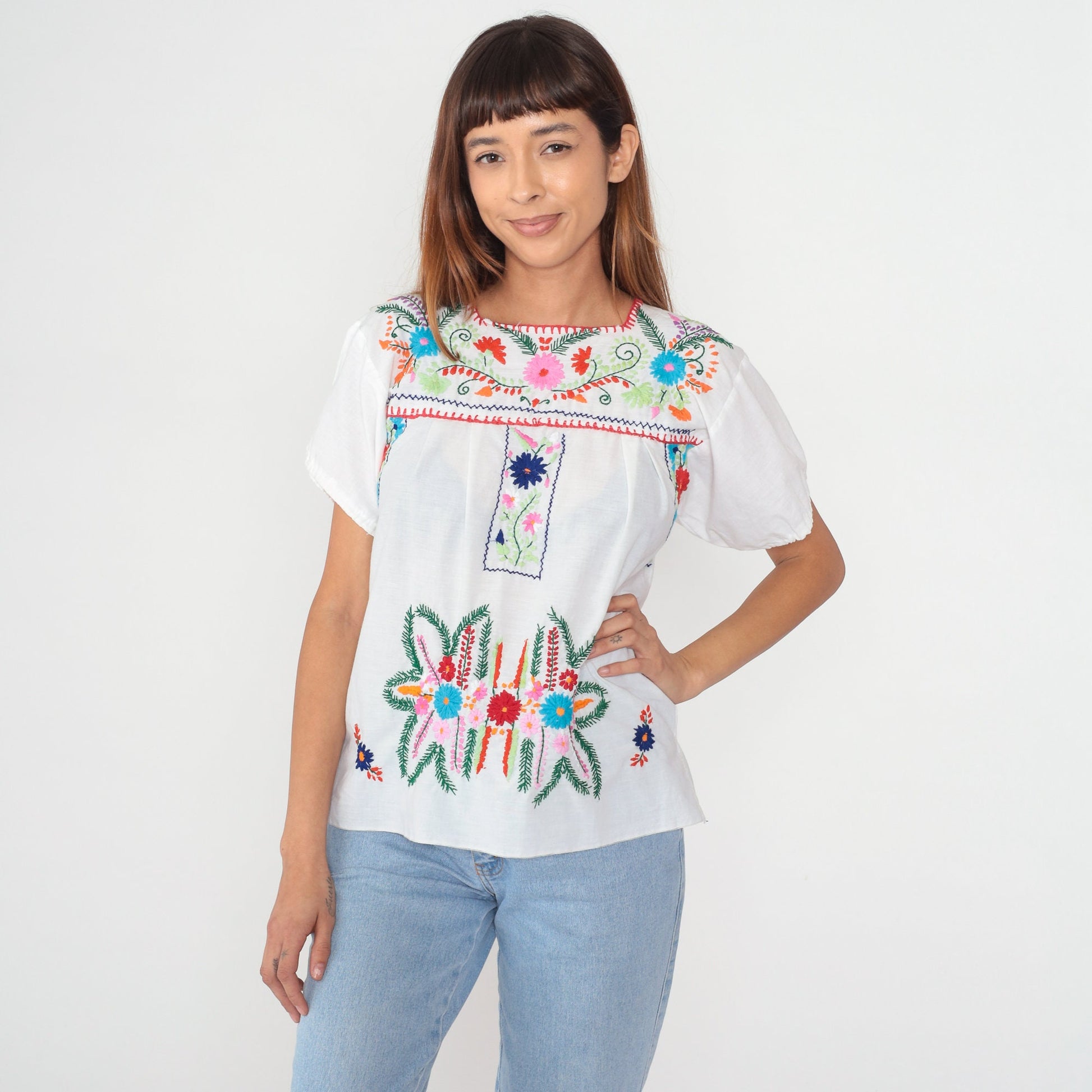 90s Mexican Embroidered White Floral Blouse Short Sleeve Small