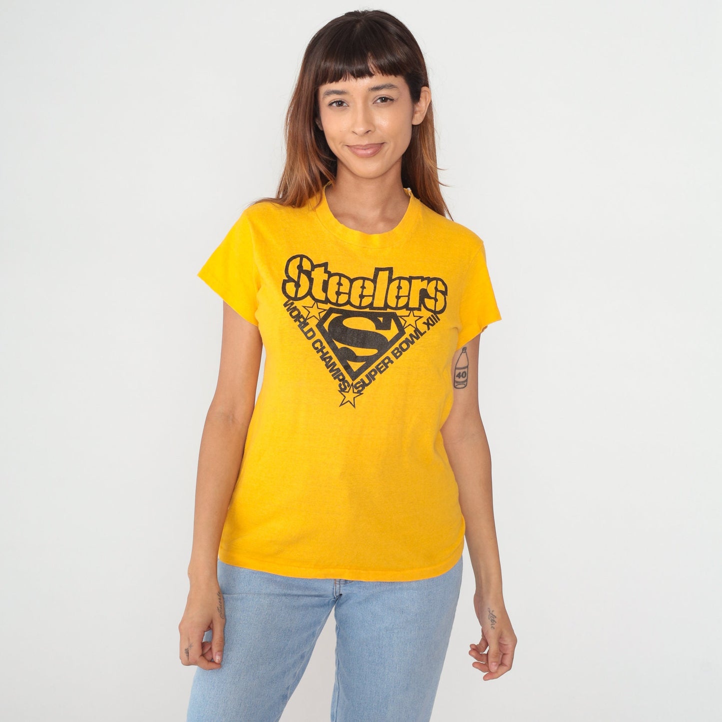 1980s Pittsburgh Steelers Super Bowl XIII Champions Graphic Tee Yellow Medium