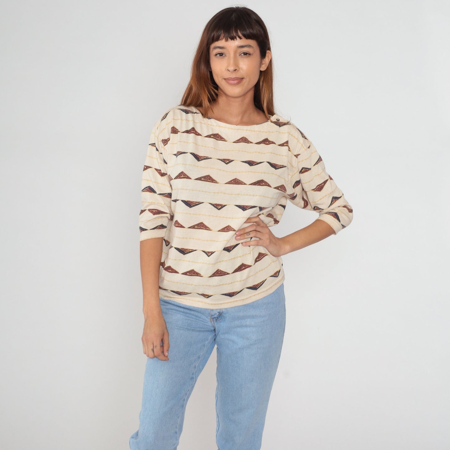 90s Outback Red Triangle Print Button Shoulder Blouse Beige Small